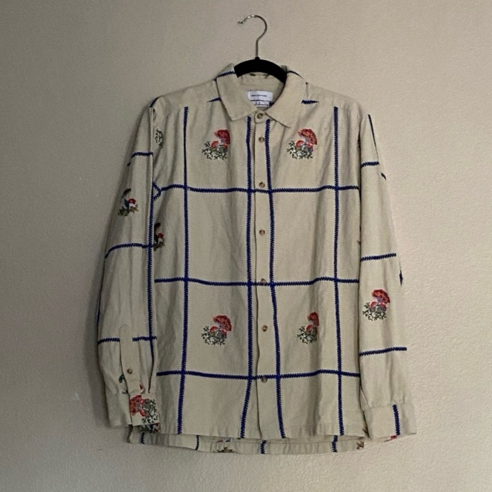 Urban Outfitters Flannel Cream Checkered Shirt with Embroidered Mushrooms - Picture 10 of 11